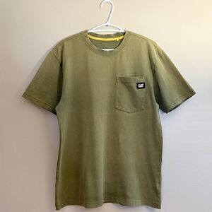 ]CAT Olive Green Cotton T-Shirt with Pocket & Logo - Small